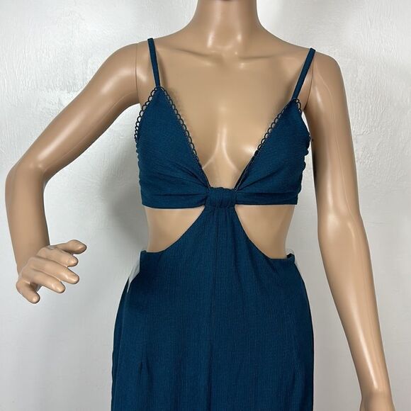 Lulus Blissful Season Teal Tie-Back Cutout Wide-Leg Jumpsuit Size L - Picture 3 of 13